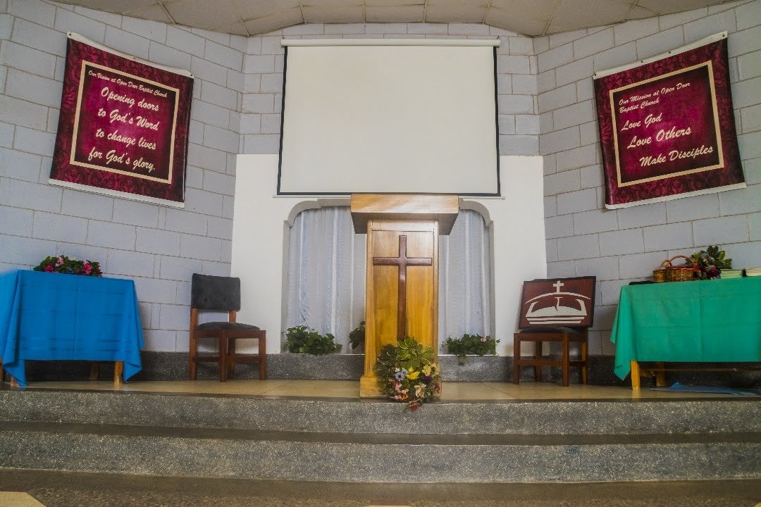 The pulpit and banners at the front of the church